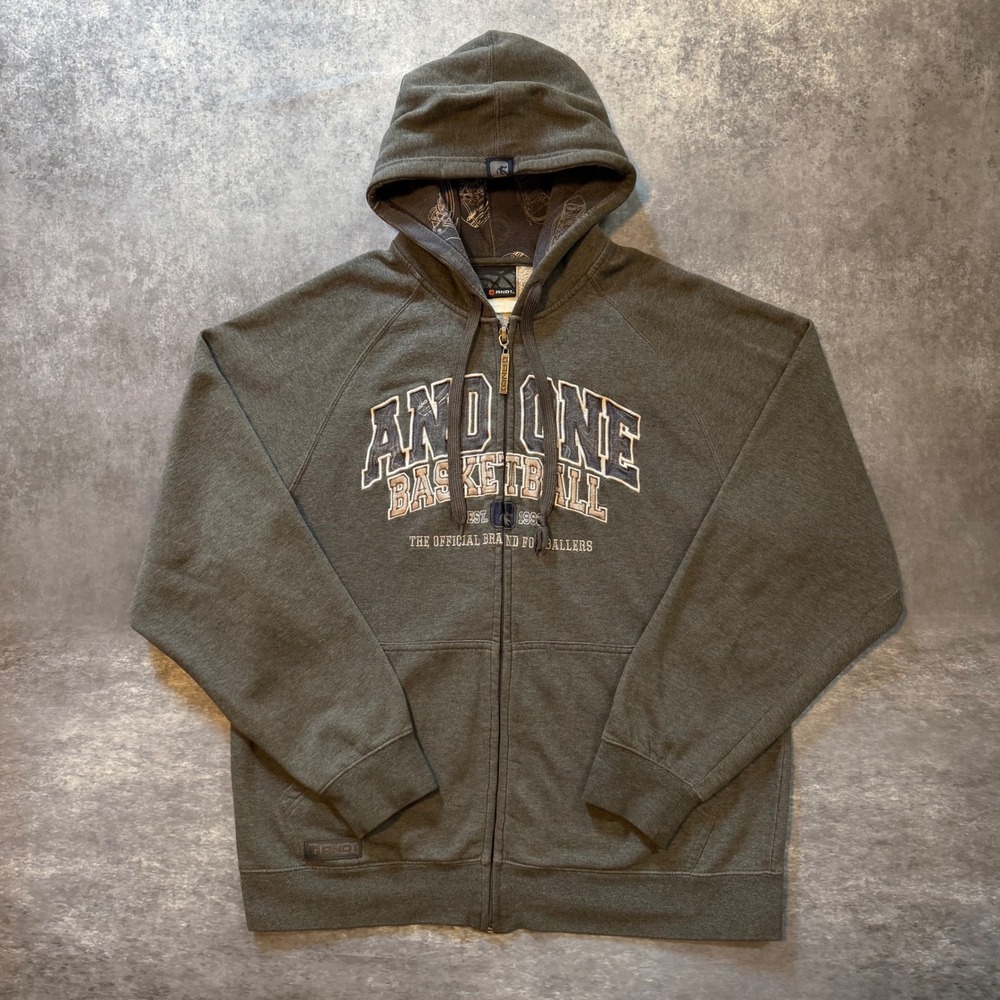 Vtg Y2K AND1 Basketball Full Zip Hoodie Gray Embroidered Spellout Mens XL